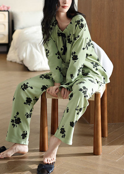 Waist Set Green Elastic Pieces New Fall Pajamas Print Two Cotton FashionChic