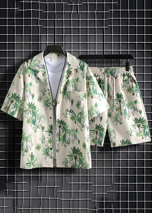 New Green Print Pockets Cotton Men Two Pieces Set Summer HG066 Men-Silk-MENTS240725