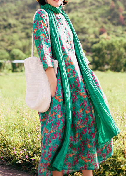 New Green Print Pockets Linen Dress Bracelet Sleeve RE027 MZF-FDL240807