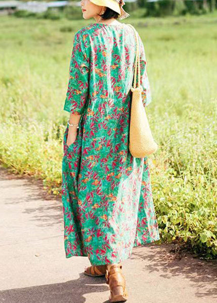 New Green Print Pockets Linen Dress Bracelet Sleeve RE027 MZF-FDL240807