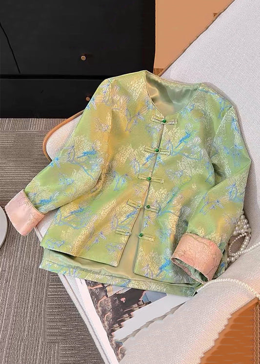 New Green Print Print Side Open Silk Coats Fall QO016 MZF-CTS241008