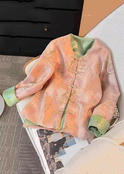 New Green Print Print Side Open Silk Coats Fall QO016 MZF-CTS241008