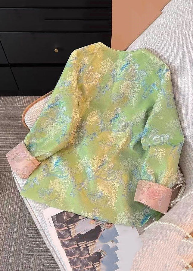 New Green Print Print Side Open Silk Coats Fall QO016 MZF-CTS241008