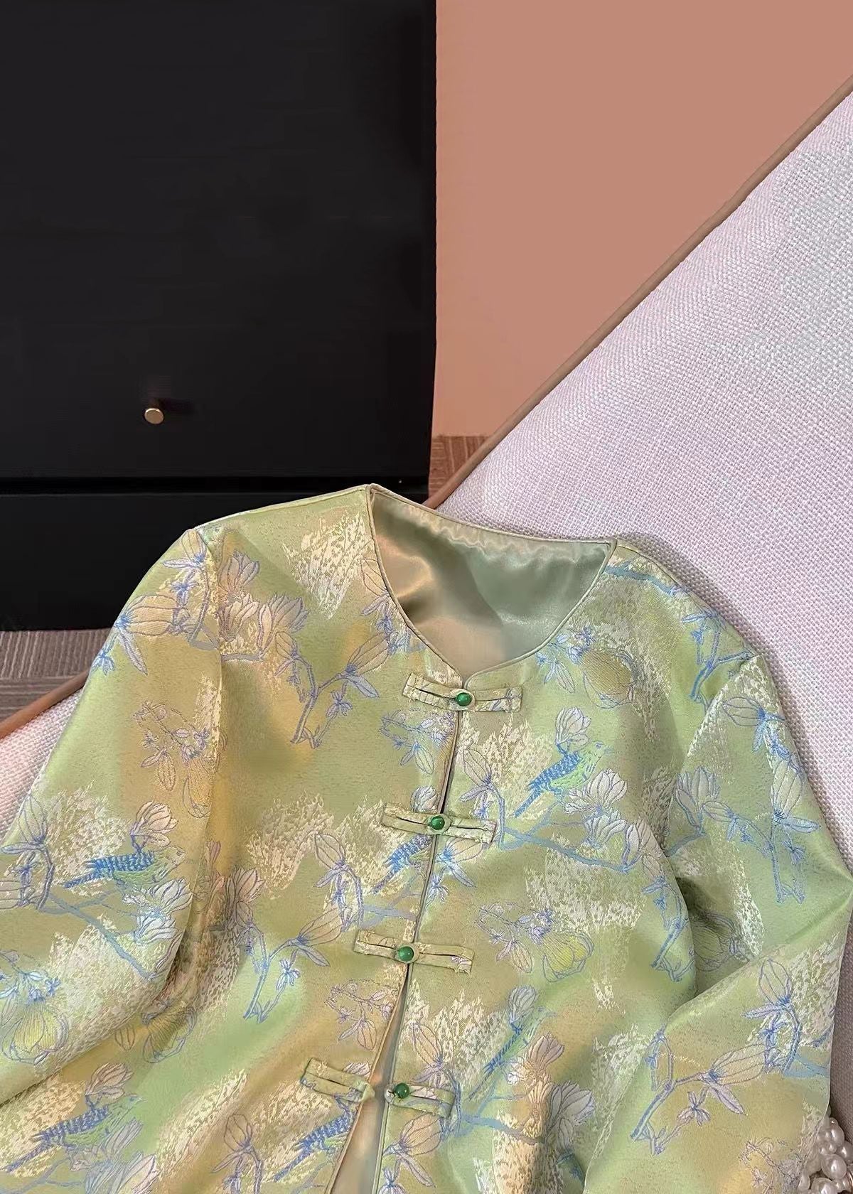 New Green Print Print Side Open Silk Coats Fall QO016 MZF-CTS241008