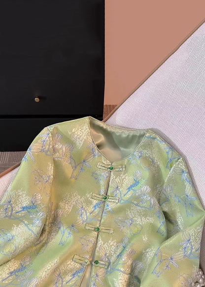 New Green Print Print Side Open Silk Coats Fall QO016 MZF-CTS241008