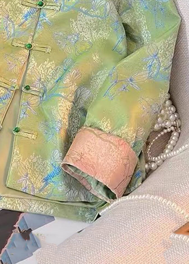 New Green Print Print Side Open Silk Coats Fall QO016 MZF-CTS241008