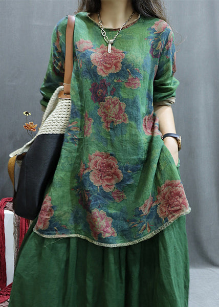 New Green Print Side Open Linen Blouse Spring GG055 MZF-LTP240610