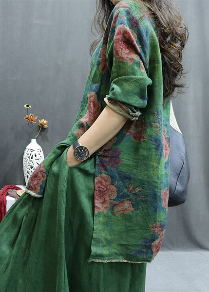 New Green Print Side Open Linen Blouse Spring GG055 MZF-LTP240610