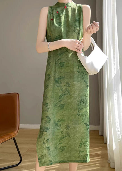 Open Print Silk Dress Long Sleeveless Cotton Side Green New FashionChic