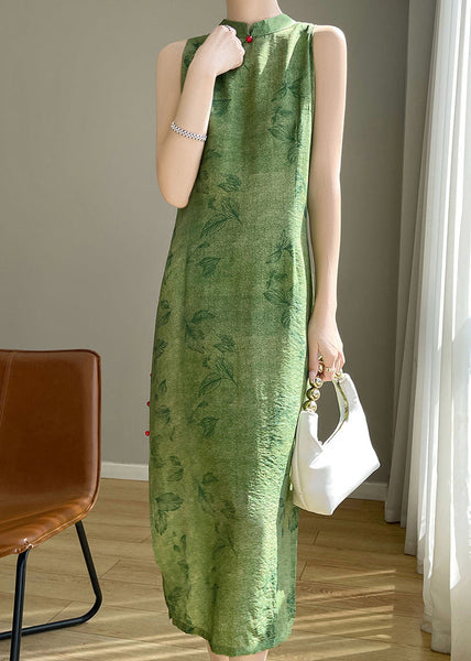 Open Print Silk Dress Long Sleeveless Cotton Side Green New FashionChic