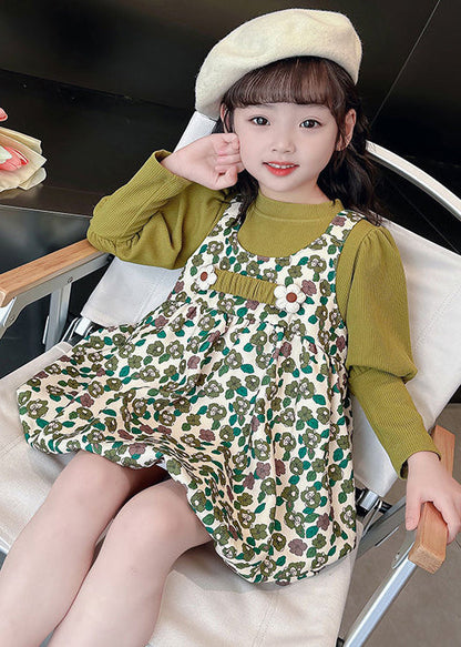 New Green Print Tops And Dress Cotton Girls Two Pieces Set Long Sleeve XZ051 FALL-MM-RCTZ-TPGIEC240618