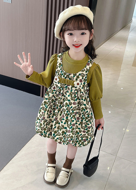 New Green Print Tops And Dress Cotton Girls Two Pieces Set Long Sleeve XZ051 FALL-MM-RCTZ-TPGIEC240618