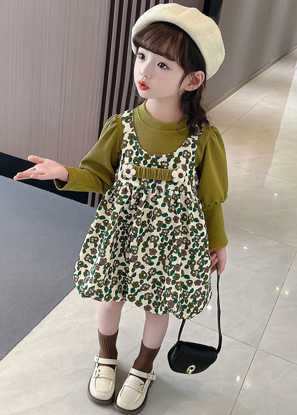 New Green Print Tops And Dress Cotton Girls Two Pieces Set Long Sleeve XZ051 FALL-MM-RCTZ-TPGIEC240618