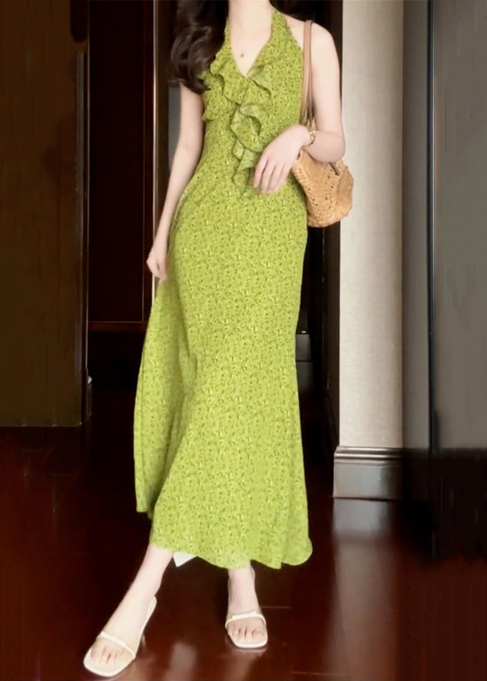Cotton New Ruffled Dress Print Sleeveless Long Green FashionChic