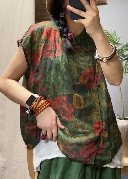 New Green Stand Collar Button Print Linen Tops Summer VV006 HS-STP240627