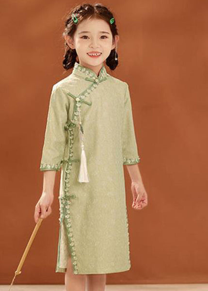 Holiday Green Embroideried New Stand Kids Maxi Button Collar FashionChic