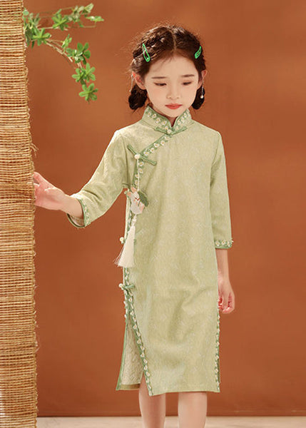 Holiday Green Embroideried New Stand Kids Maxi Button Collar FashionChic