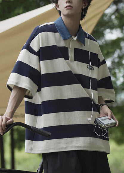 Summer Cotton Polo Striped Men Shirt Button New Green FashionChic