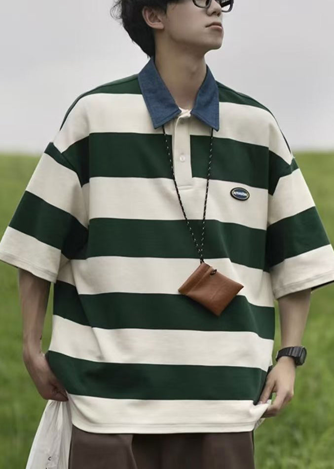 Summer Cotton Polo Striped Men Shirt Button New Green FashionChic