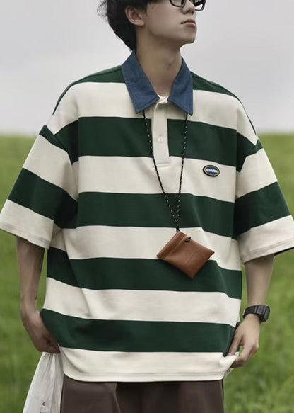 Summer Cotton Polo Striped Men Shirt Button New Green FashionChic