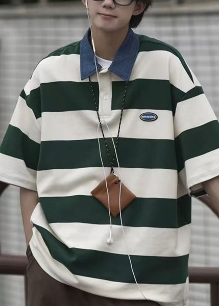 Summer Cotton Polo Striped Men Shirt Button New Green FashionChic