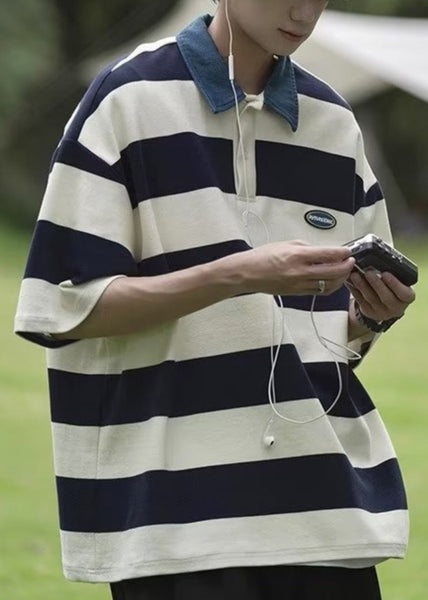 Summer Cotton Polo Striped Men Shirt Button New Green FashionChic