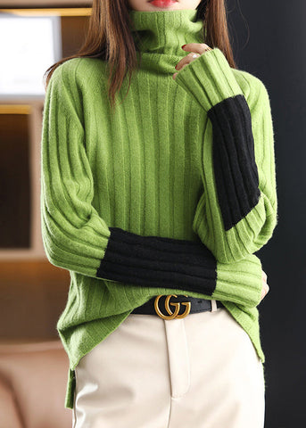 New Green Turtleneck Patchwork Woolen Sweaters Spring TF044