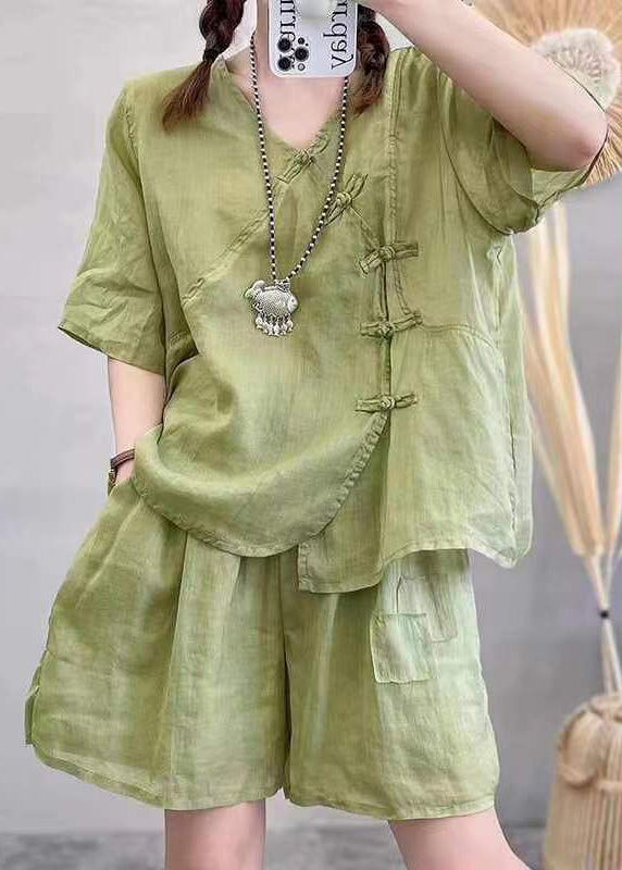 New Green V Neck Button Linen Two-Piece Set Summer RE024 MZF-TPIEC240807