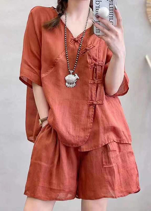 New Green V Neck Button Linen Two-Piece Set Summer RE024 MZF-TPIEC240807