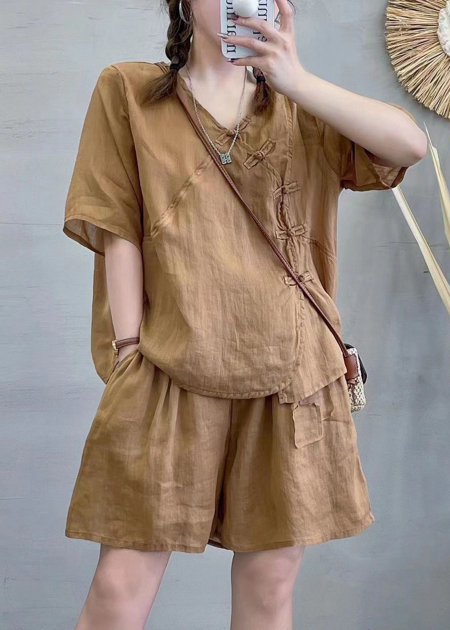 New Green V Neck Button Linen Two-Piece Set Summer RE024 MZF-TPIEC240807