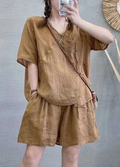 New Green V Neck Button Linen Two-Piece Set Summer RE024 MZF-TPIEC240807