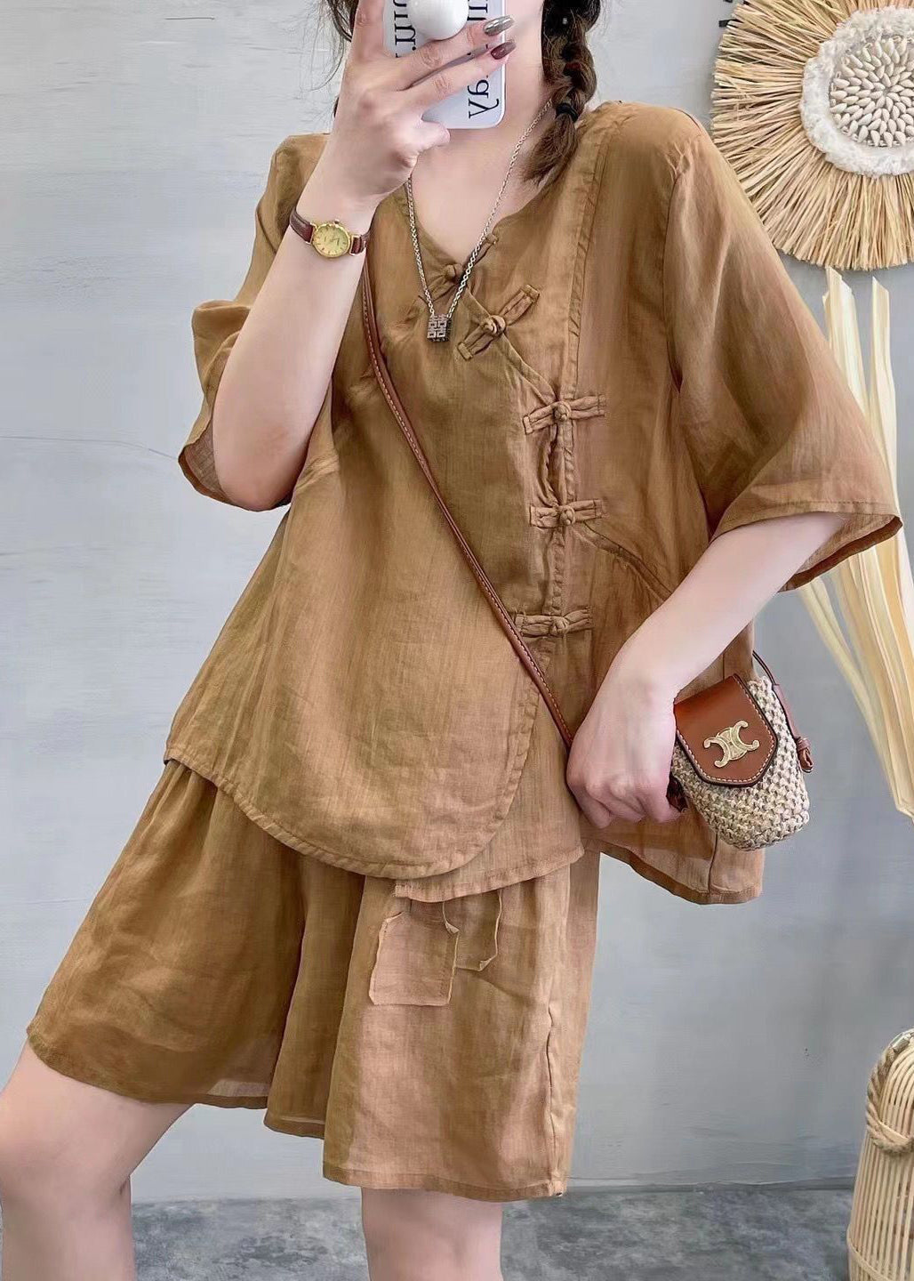 New Green V Neck Button Linen Two-Piece Set Summer RE024 MZF-TPIEC240807