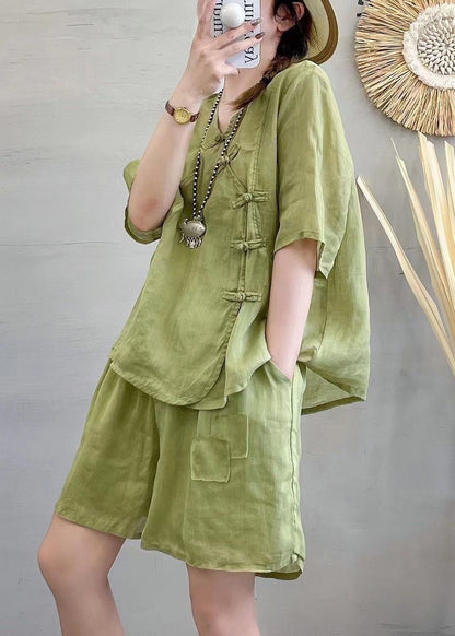 New Green V Neck Button Linen Two-Piece Set Summer RE024 MZF-TPIEC240807
