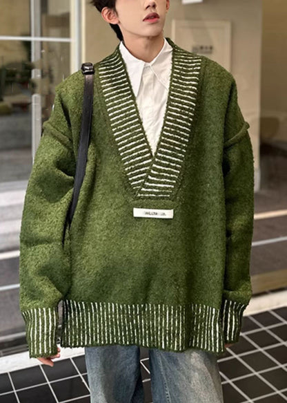New Green V Neck Cozy Knit Men Sweaters Fall QH022 MENSW241019