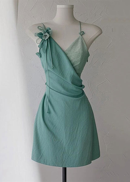High Strap Green Spaghetti Dress New Neck V Cotton Waist FashionChic
