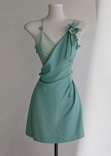 High Strap Green Spaghetti Dress New Neck V Cotton Waist FashionChic