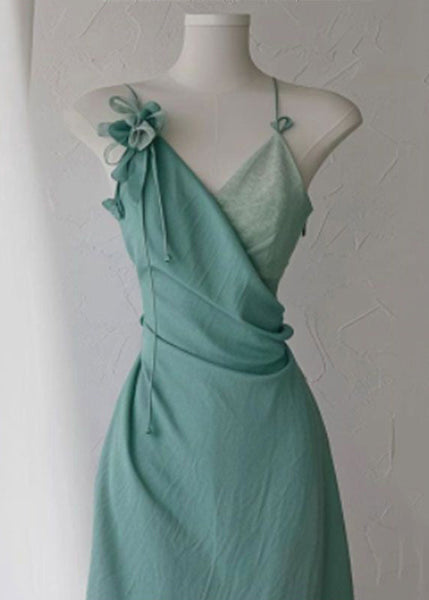 High Strap Green Spaghetti Dress New Neck V Cotton Waist FashionChic