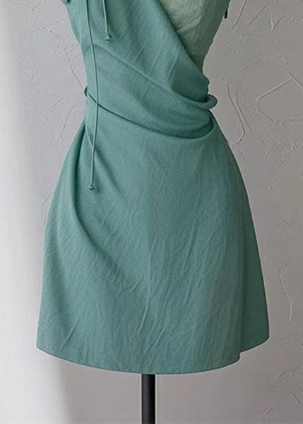 High Strap Green Spaghetti Dress New Neck V Cotton Waist FashionChic