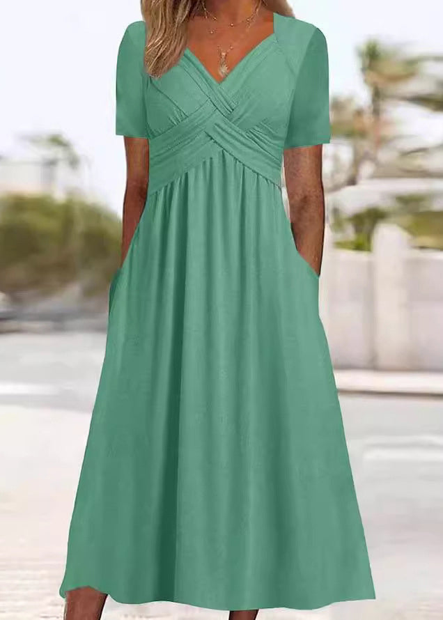 New Green V Neck Pockets Solid Cotton Long Dress Summer QA026 OM-BB241009