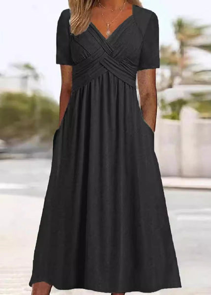 New Green V Neck Pockets Solid Cotton Long Dress Summer QA026 OM-BB241009