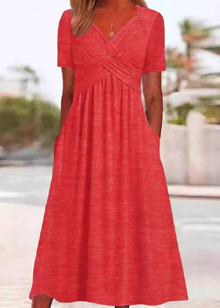 New Green V Neck Pockets Solid Cotton Long Dress Summer QA026 OM-BB241009