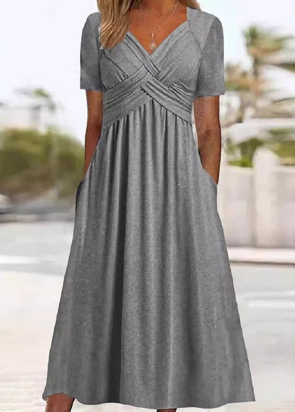 New Green V Neck Pockets Solid Cotton Long Dress Summer QA026 OM-BB241009