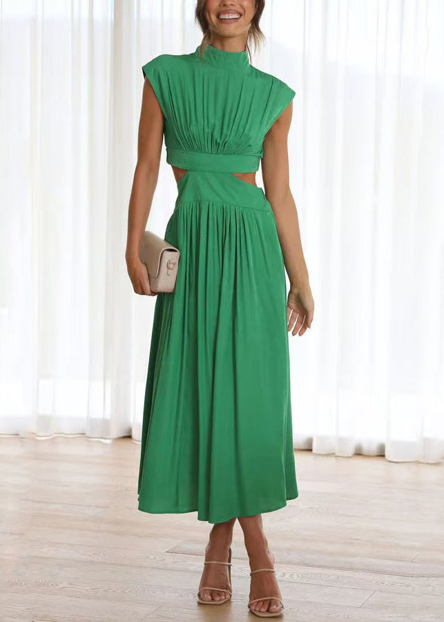 Out Summer Dress Wrinkled Long Green Cotton Hollow New FashionChic