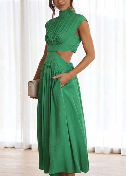 Out Summer Dress Wrinkled Long Green Cotton Hollow New FashionChic
