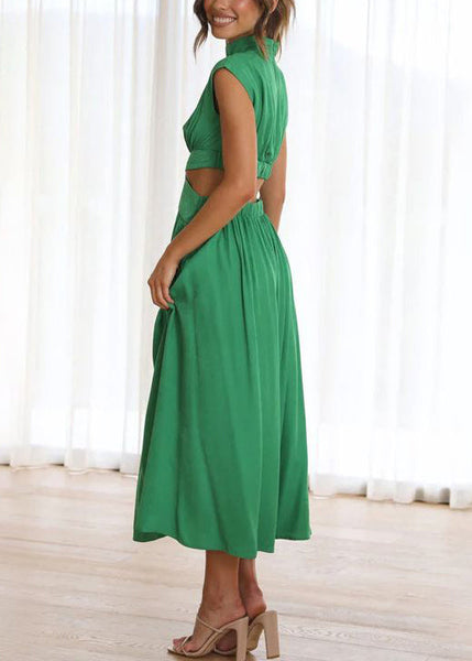 Out Summer Dress Wrinkled Long Green Cotton Hollow New FashionChic