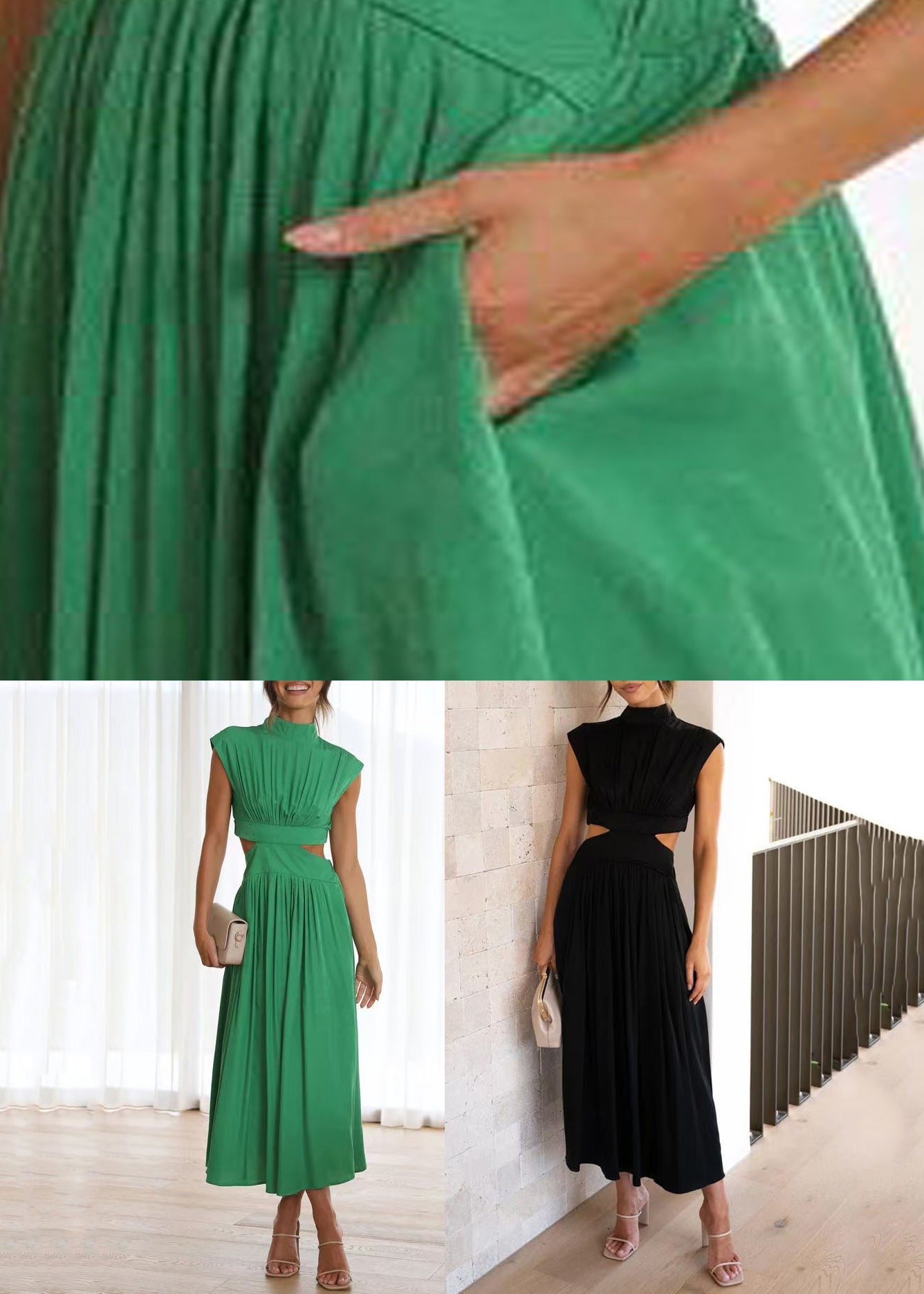 Out Summer Dress Wrinkled Long Green Cotton Hollow New FashionChic