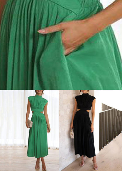 Out Summer Dress Wrinkled Long Green Cotton Hollow New FashionChic