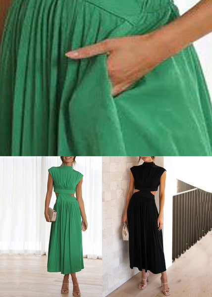 Out Summer Dress Wrinkled Long Green Cotton Hollow New FashionChic