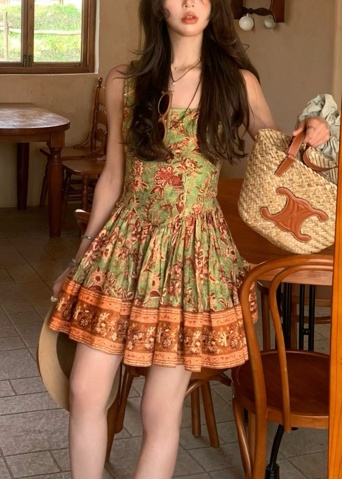 New Green Wrinkled Print Cotton Spaghetti Strap Dress Summer ZL052 SH-LF-SDM240621