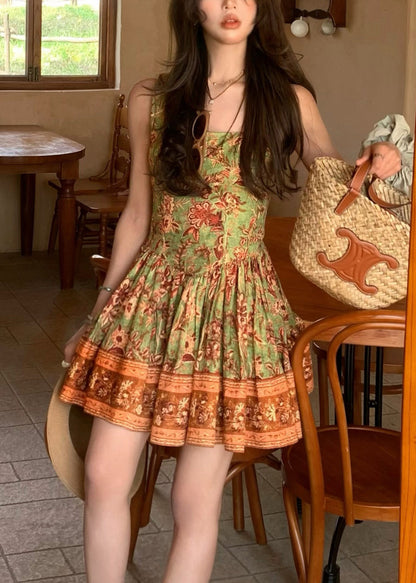 New Green Wrinkled Print Cotton Spaghetti Strap Dress Summer ZL052 SH-LF-SDM240621